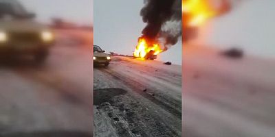 Kars'ta çarpışan iki otomobilden birinin yandığı kazada 7 kişi yaralandı