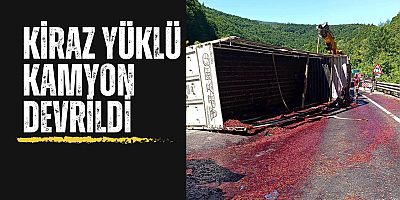 Kiraz yüklü kamyon devrildi