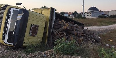 Odun yüklü kamyon şarampole devrildi